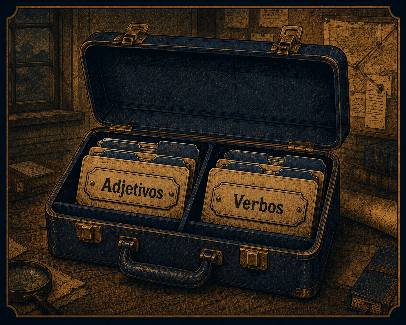 Maletín de herramientas de detective con compartimentos etiquetados Adjetivos y Verbos.