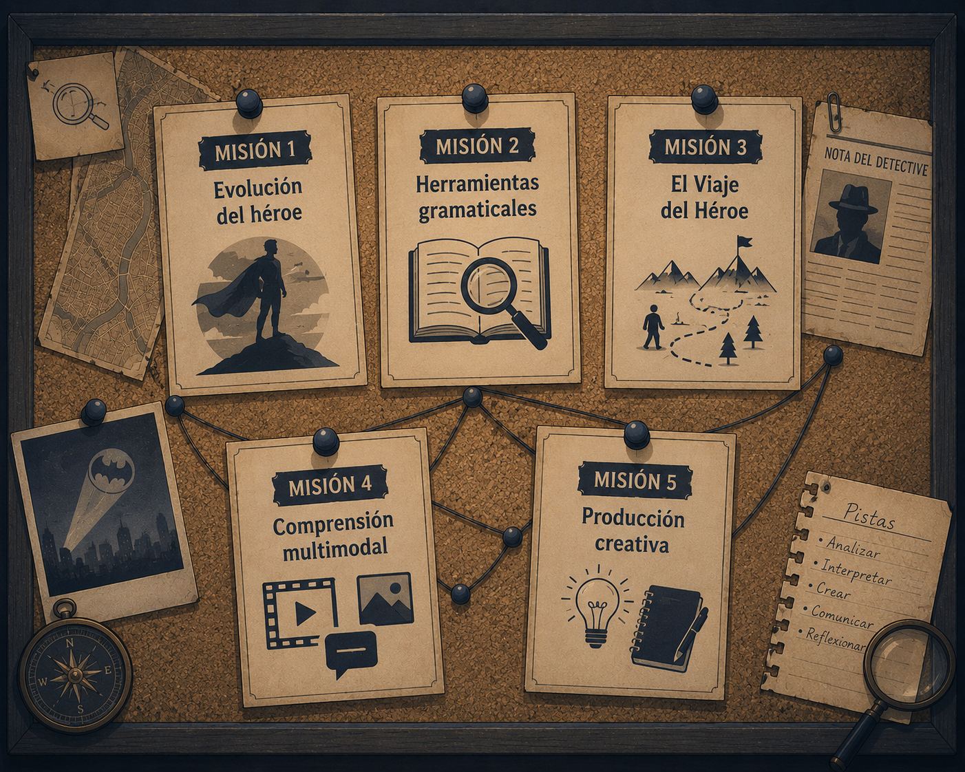 Tablero de corcho con cinco tarjetas ancladas: Misión 1 Evolución del héroe, Misión 2 Herramientas gramaticales, Misión 3 El Viaje del Héroe, Misión 4 Comprensión multimodal y Misión 5 Producción creativa, conectadas por hilos.